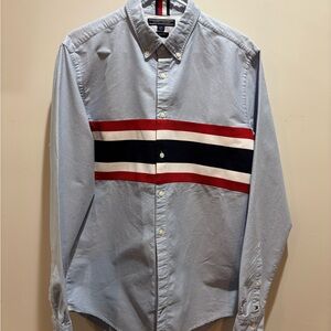 Vintage Tommy Hilfiger Men’s Light Blue Shirt with Stripes